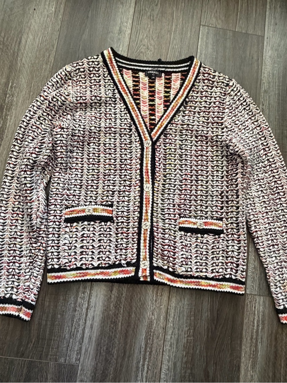 CHANEL Multicolor Bouclé Cardigan with Black Trim